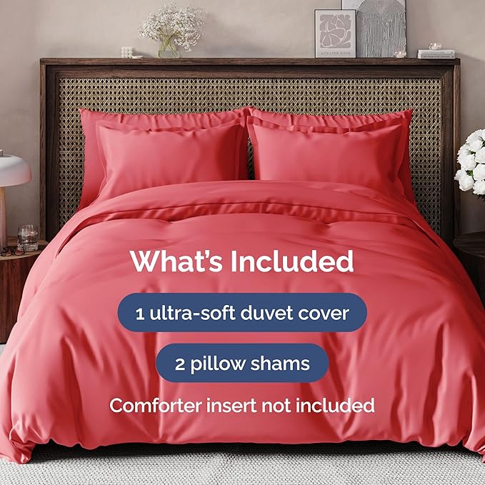 CGK Unlimited Duvet Cover King Size Set - Extra Soft King Size Duvet Cover 104 x 90 with 2 Pillow Shams - Hotel Quality Easy Care w/Zipper Closures & Ties - Bedding and Bed Linens Set (Red)