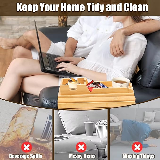 Bamboo Couch Cup Holder, Foldable and Anti-Slip Sofa Arm Table with Detachable Sofa Arm Organizer Tray, Portable 2 in 1 Sofa Armrest Tray for Drink, Coffee, Cup, Remote, Snacks, Cellphone, Glasses