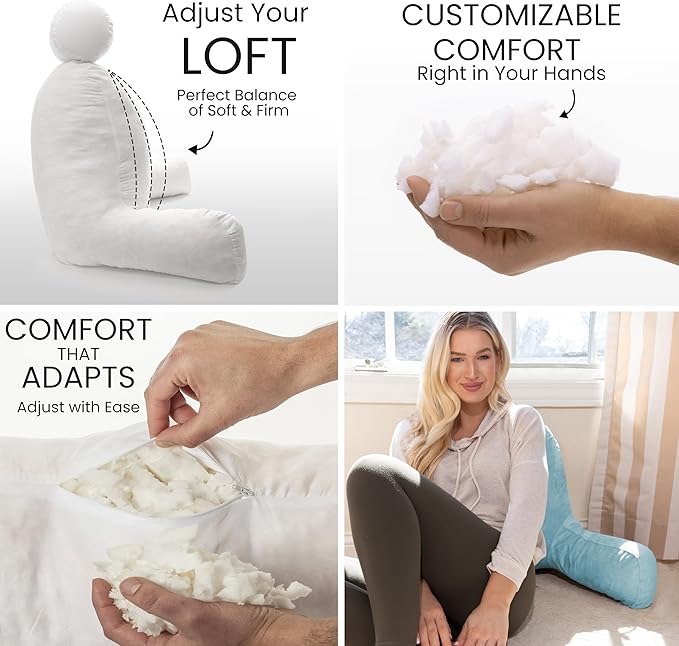 Husband Pillow Sky Blue, Original Reading Pillow in Bed Rest Chair, Shredded Memory Foam Large Lounge Cushion Adult Backrest with Arms, Comfy Back Support for Sit Sitting Up, Wash/Removable Cover