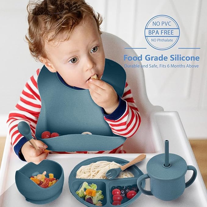 Childlike Behavior Baby Weaning Set of 6 - Dark Blue Baby Silicone Feeding - Self Feeding Baby Wooden Fork and Spoon, Plates, Bibs, Easy to Grip, Dishes and Cups - Eating Learning Essentials