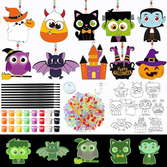 30 Set Halloween Glow in the Dark Suncatchers Kits Halloween Pumpkin Boo Bat Luminous DIY Suncatchers Crafts Make Your Own Suncatcher Paint Sun Catchers Ornaments for Halloween