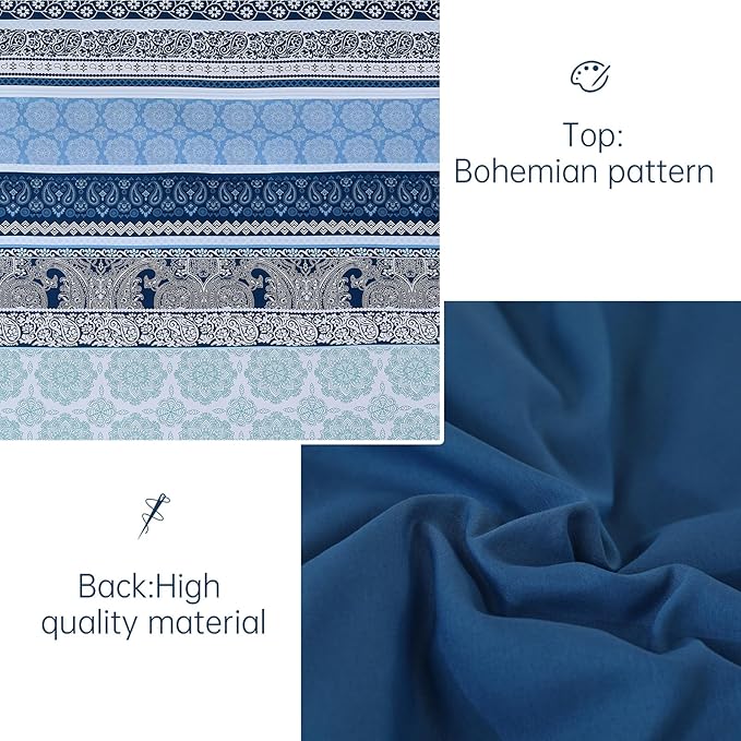 Boho Comforter Set Queen Size,8 Pieces Navy Blue Bohemian Striped Bed in a Bag,Paisley Soft Microfiber Bedding Comforter Set