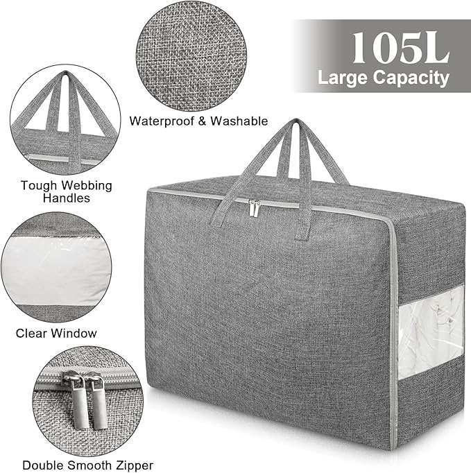 4Pack 105L Extra Large Storage Bags, Folding Comforter Blanket Storage Bags Closet Organizers and Storage Containers for Clothes with Strong Handles&Zippers Clear Window for Bedding Pillow Black