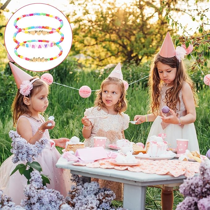 64 Pcs Kids Friendship Beaded Bracelets for Girls Jewelry Letter Beads Bracelets Bulk Colorful Cute Stretchy Rainbow Princess Dress up Gifts(Cute)