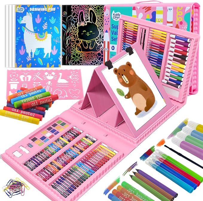 KIDDYCOLOR Kids Art Set, Drawing Art Supplies for Girls & Boys Ages 4-8 with Watercolor Cakes, Oil Pastels, Colored Pencils, Ideal Gift for Young Artist, Pink-217pcs