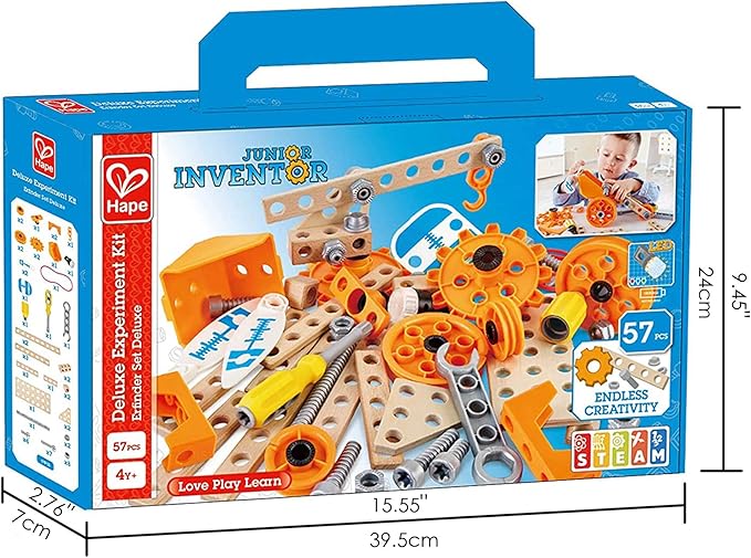 Hape Junior Inventor Deluxe Experiment Kit | 57 Piece Construction Building Toys, STEAM Science Kit for Kids 4 Years and Up (E3032A)