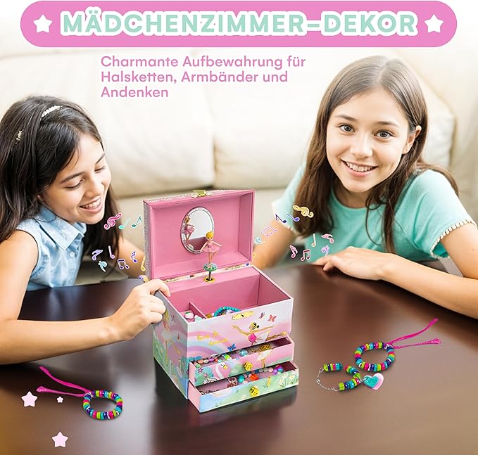 Jewelkeeper Jewelry Box for Girls - Spinning Ballerina Doll to Swan Lake Tune Music Box - Pink Jewelry Box for Girls with 2 Drawers - Ideal for Storing Necklaces and Bracelets - 7Lx5Hx6W Inches