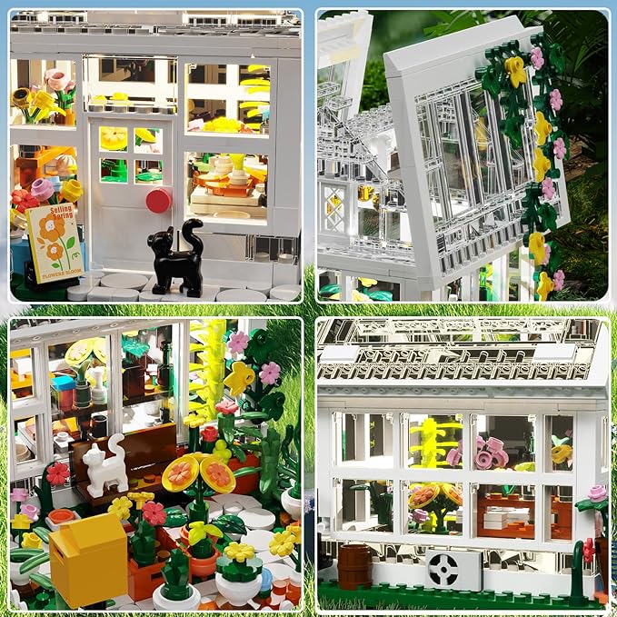 Flower House Building Mini Set with LED, City Street View Greenhouse Building Blocks Toy, Valentine Xmas Gift for Friends or Girls 8-12 Year