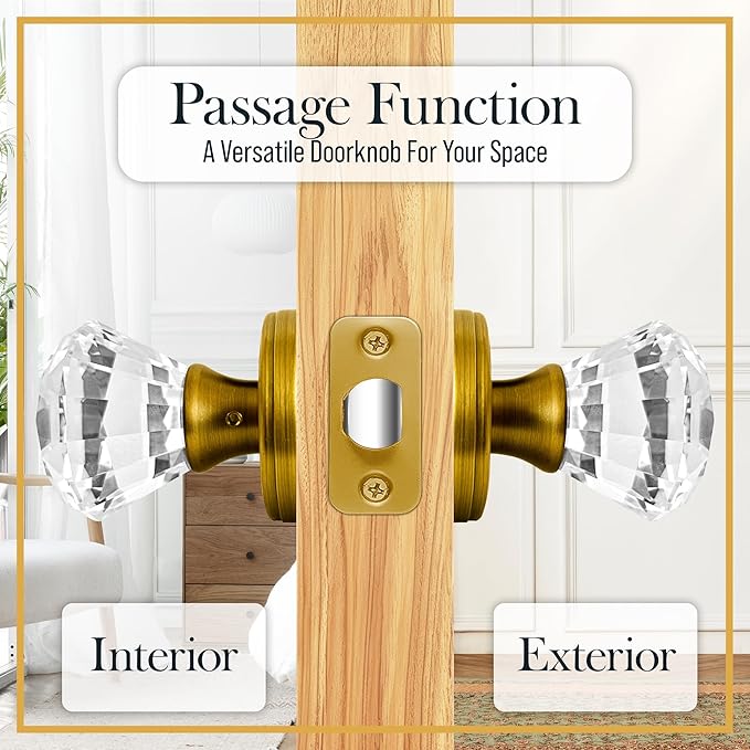 Gold Crystal Door Knob, Glass Door Knobs Interior Non-Locking Set, Brass Antique Decorative Vintage Style for Hallway, Closet, Passage Doors, 1 Pack