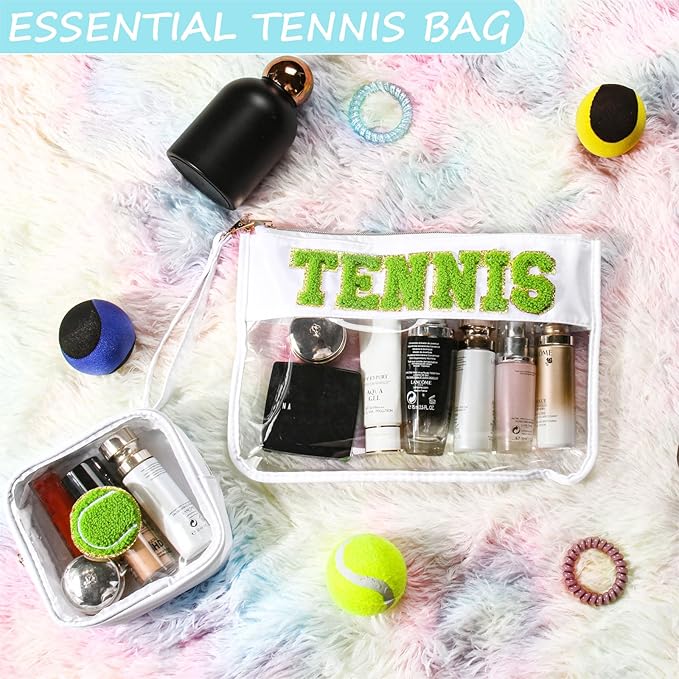 BuyCard 2 Pcs Tennis Gifts Cosmetic Makeup Bag with Chenille Letter Patch, Clear Pouch PVC Organizer Purse, Waterproof Travel Bag, Portable Toiletry Storage Bag for Her Girls Friends Women