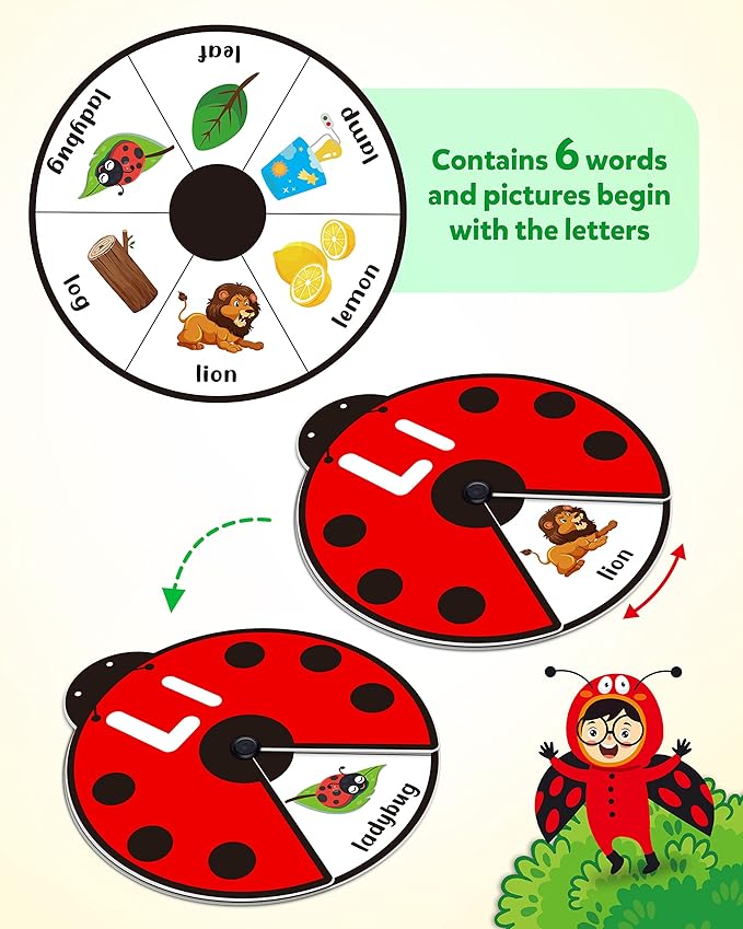 Coogam Interactive Alphabet Learning Toy, ABC Number Letters Spinning Game, Sight Words Animal Pattern Ladybug Cards, Montessori Educational Toy Gift for 3 4 5 Year Old Baby Toddlers