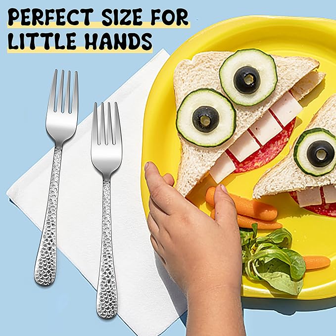 E-far Stainless Steel Kids Forks, 6-Piece Toddlers Forks Safe for Preschooler/Children, Hammered Adult look & Small Size, Rust Free & Dishwasher Safe