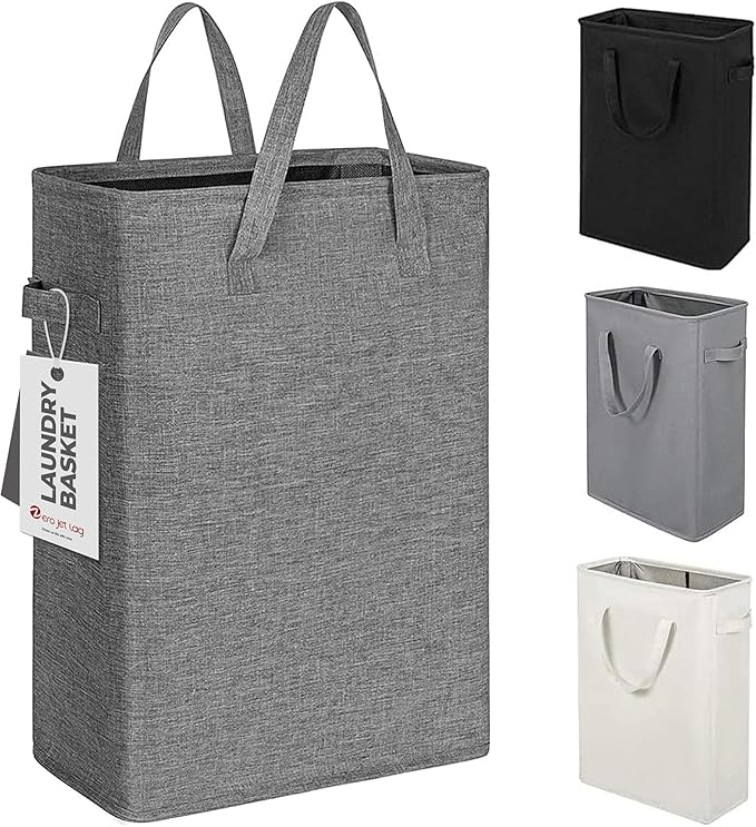 ZERO JET LAG Slim Laundry Hamper With Handles Collapsible Laundry Basket Thin Dirty Clothes Basket Narrow Laundry Bag Foldable Dirty Cloth Hamper 45L (23 inches,Dark Grey)