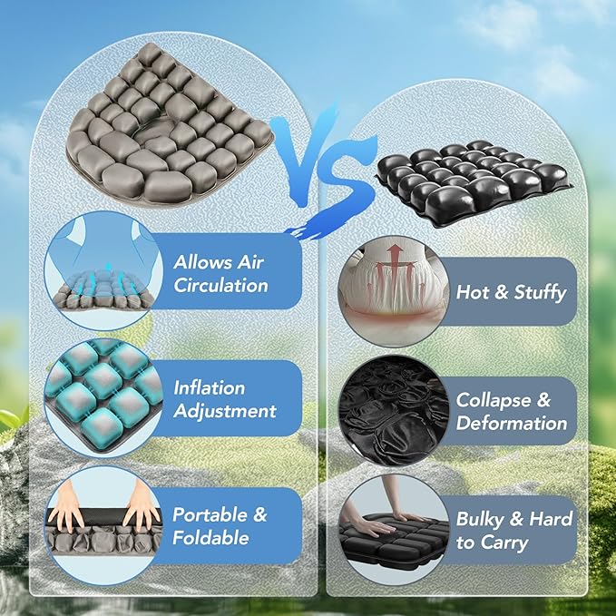 Travel Seat Cushion, 3D Air Inflatable Pressure Relief Cushion for Hemorrhoid and Tailbone Pain Relief, Optimal Support for Long Sitting in Car, Air Travel, Office Chairs, Home Living