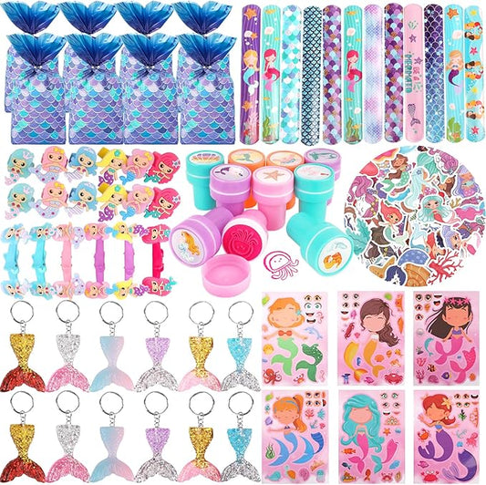 132Pcs Mermaid Party Favors, Mermaid Party Supplies for Girls Include Keychains, Slap Bracelets, Rings, Clips, Stampers, DIY Sticker, Stickers, mermaid goodie bags, Perfect for mermaid give away gift