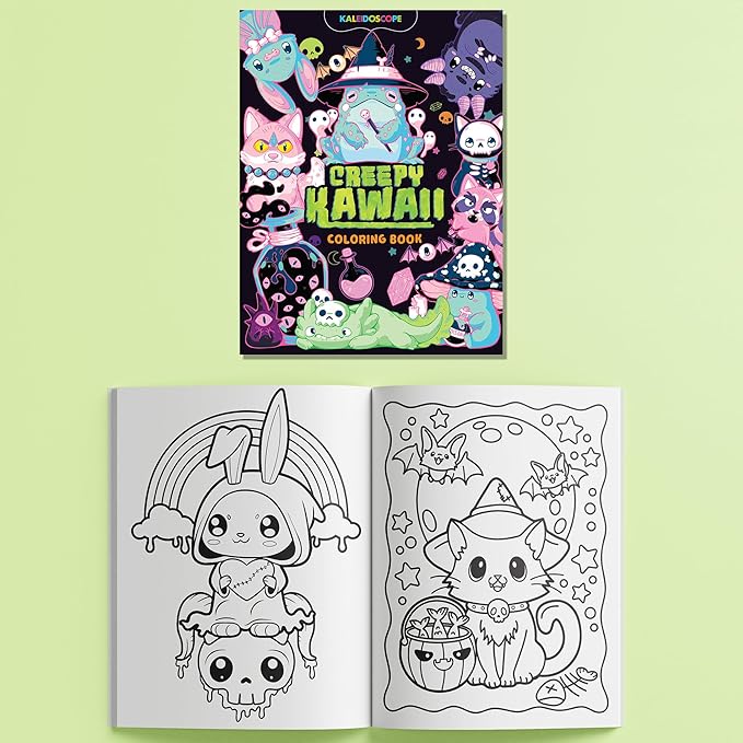 Hinkler Kaleidoscope: Creepy Kawaii Coloring & Activity Kit - Kids Cute Halloween Themed Coloring Book w/Glitter Stationery, Stickers & More, Ages 6+
