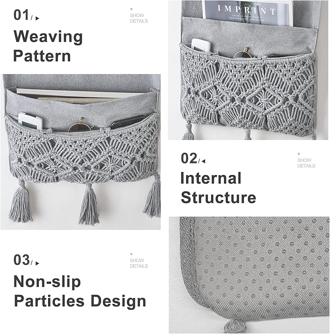 Mkono Macrame Couch Organizer Remote Control Caddy Sofa Armrest Armchair Bedside Storage Holder Bag for TV Remote, Magazine, Books, Cell Phone, iPad, Boho Living Room Home Dorm Decor, Grey