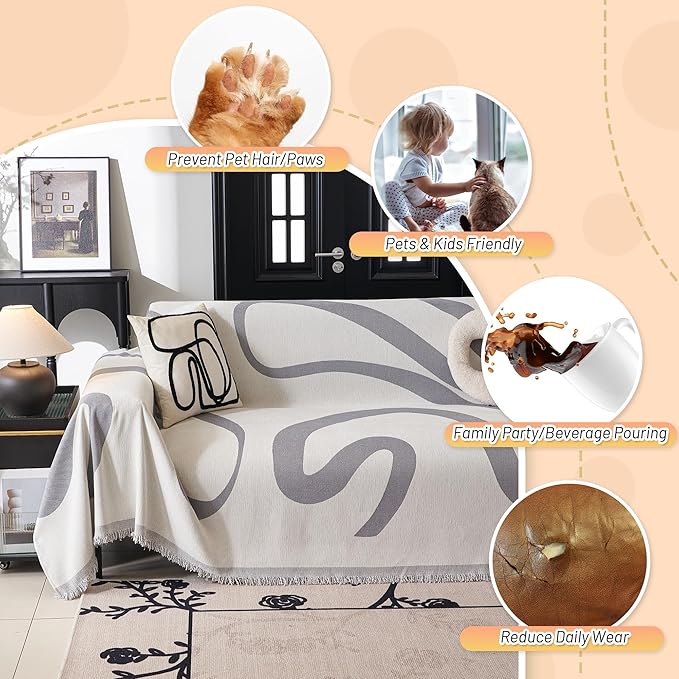 MYSKY HOME Boho Couch Cover Super Soft Couch Covers for 2-3 Cushion Couch Sofa, Modern Grey Jacquard Sofa Slipcover Loveseat Futon Cover, Couch Covers for Sectional Sofa, 71" x 134", Grey Curve