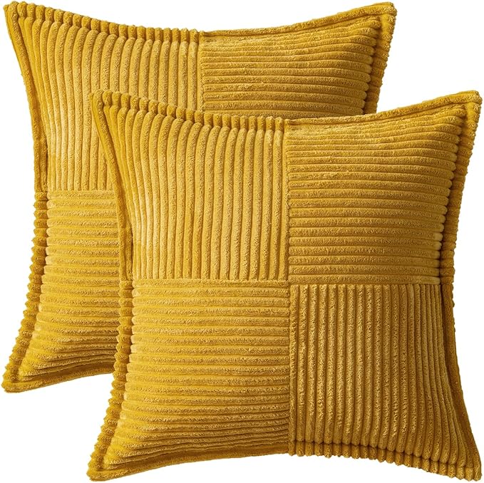 MIULEE Mustard Yellow Corduroy Decorative Euro Sham Pillow Covers 24x24 Inch with Splicing Set of 2 Soft Boho Pillow Covers Broadside Textured Summer Pillowcases for Couch Bed Livingroom