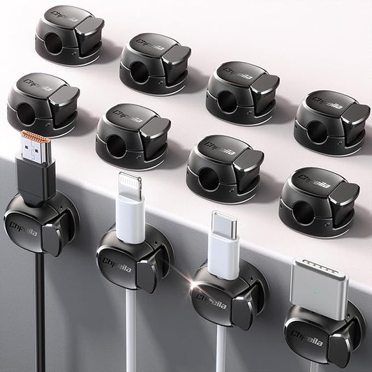 12Pack Cord Organizer [Dual Spring & Clasp, Max Secure] Cable Clips - Chfeila Cord Holder, Desk Cable Management, Adhesive Phone Charging Wire Holder for Nightstand/Car/Wall, Office Accessory - Black