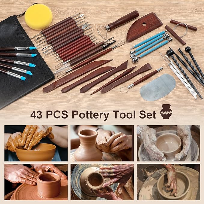 Amrules Clay Tools Kit, 43 PCS Red Pottery Tools, Practical Polymer Clay Sculpting Tools Kit, Air Dry Clay Tools Set for Adults, Pottery Craft, Dotting, Carving, Drawing, Molding, Modeling, Shaping