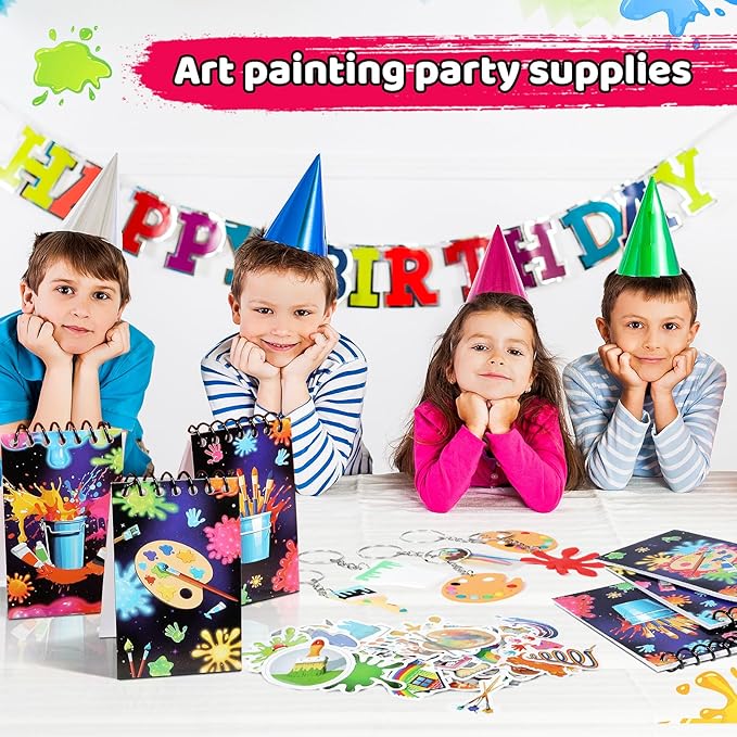 49Pcs Art Paint Party Supplies Art Paint Party Favor 24 Paint Splatter Notepads 24 Keychains Stickers Neon Paint Party Decorations Colorful Graffiti Art Painting Birthday Gifts Rewards