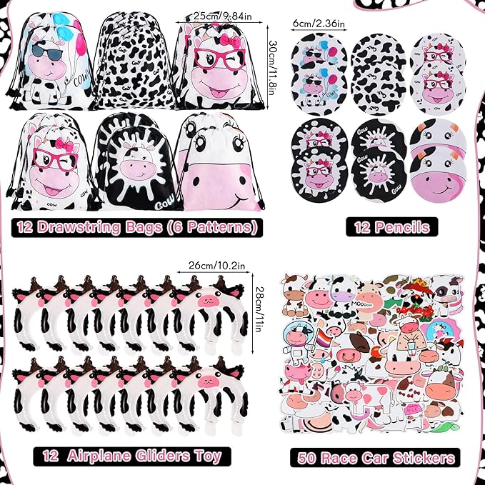 152 Pcs Cow Party Favors Supplies Include Cow Drawstring Goodie Bag Silicone Bracelets Cow Keychain Cow Stickers Spiral Notepads Bulk Inflatable Headbands Button Pin Pens Cow Print Notebook for Kid