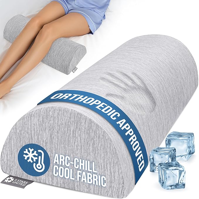5 STARS UNITED Knee Pillow for Back Sleeping – Cooling Cover - Memory Foam Cushion for Sciatica Pain Relief – Under Leg Support for Sleeping on Back – Half Moon Bolster for Bed, Arctic Gray