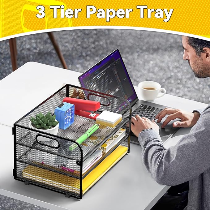 MINDEPOT 3-Tier Paper Letter Organizer Tray with Handle, Mesh Desk File Organizer for Office, Home, School - 2 Pack, Black
