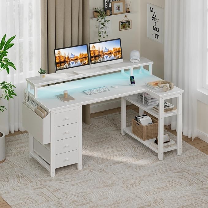 Lufeiya L Shaped Desk with Led Lights and Power Outlets, 47 Inch Writing Study Computer Gaming Desks with Fabric Drawers for Bedroom, Home Office Corner Desk with Monitor Stand Shelves, White