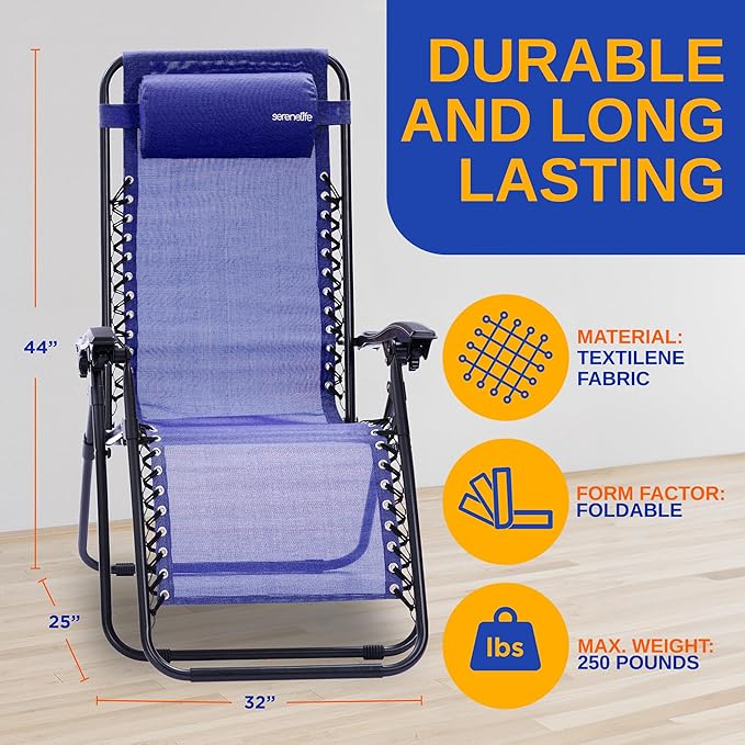 SereneLife Outdoor Zero Gravity Lounge Chair Set with Table – 2 Adjustable Recliners with Cup Holders, Headrest, Steel Frame & Foldable Design for Patio, Pool, Garden, or Camping