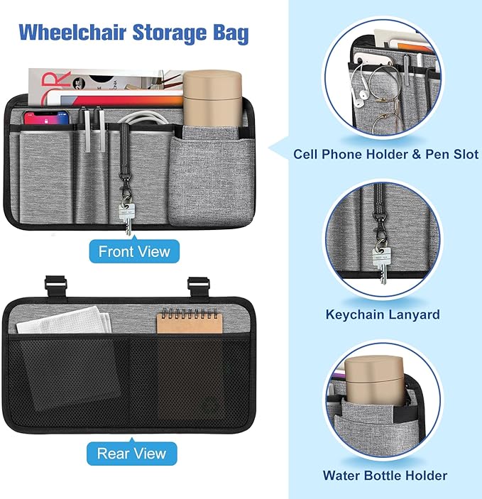 FINPAC Wheelchair Side Storage Bag w/Cup Holder, Wheelchair Armrest Accessories Pouch with Pen Slot and Reflective Strips for Power Walkers, Rollators, Seniors - Gray