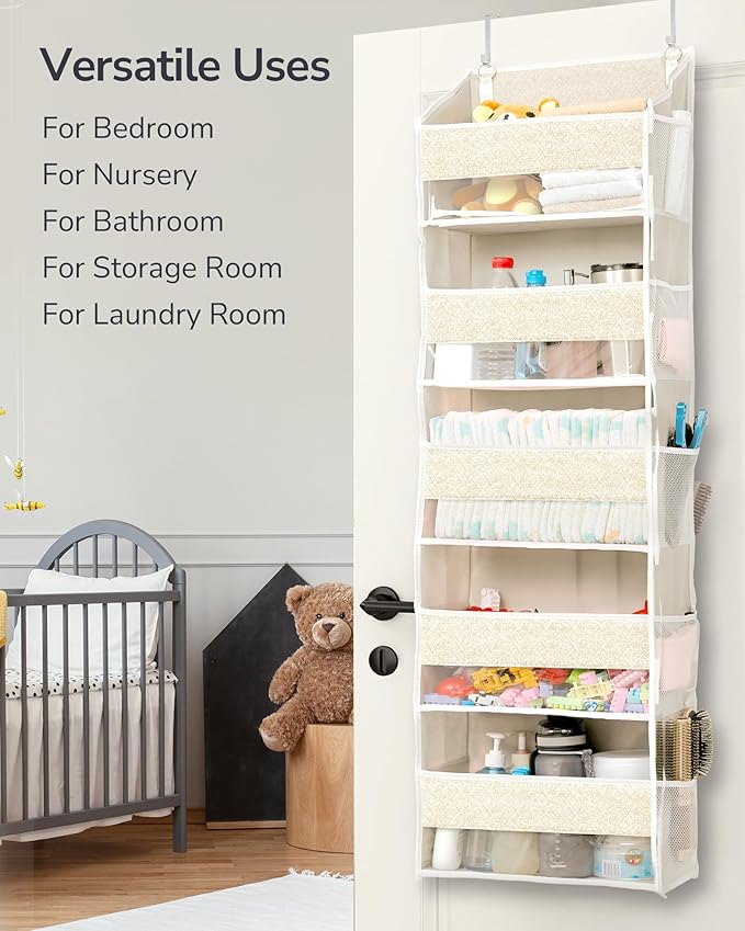 ULG 1 Pack Over Door Organizer with 5 Large Pockets 10 Mesh Side Pockets, Upgraded Linen Texture Over The Door Storage, 44 lbs Weight Capacity Hanging Storage Organizer, Ivory