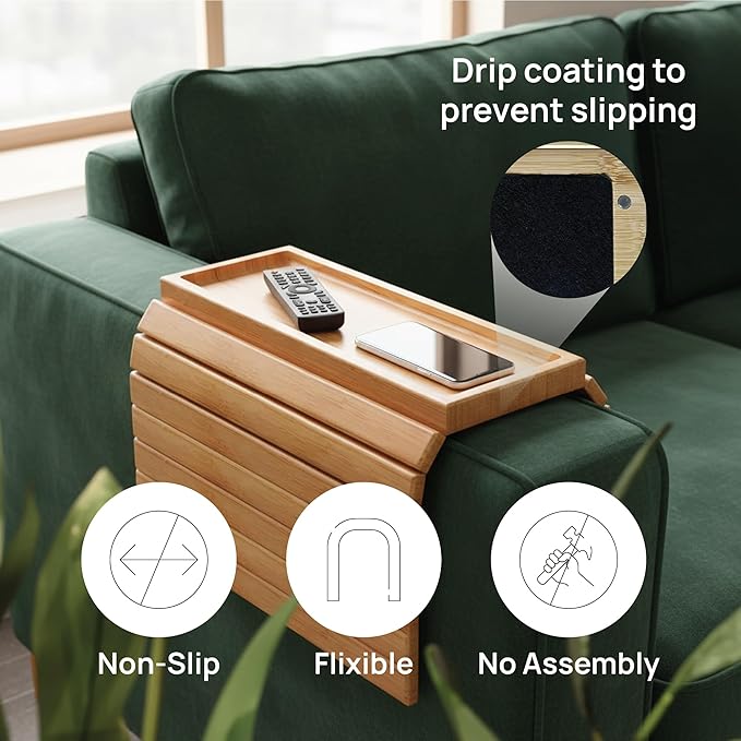 Bamboo Sofa Arm Tray – Flexible Couch Armrest Table with Non-Slip Drink Holder, Fits Straight Arm Sofas, No Assembly Required