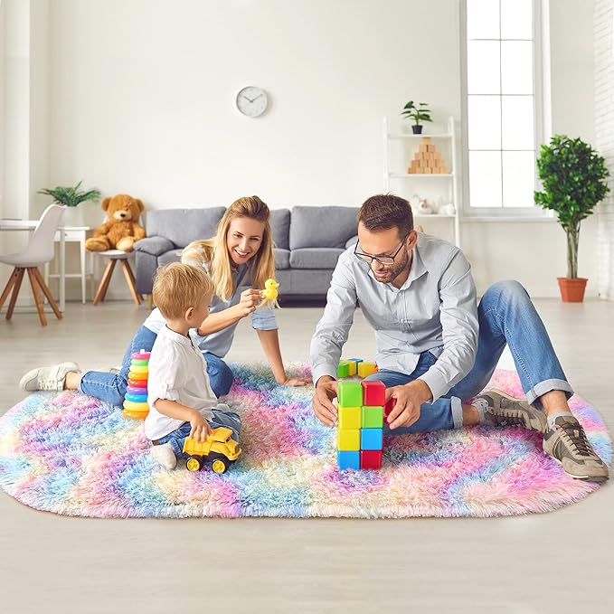 Noahas Oval Fluffy Rainbow Rug 2.6X5.3 Small Kids Rugs for Bedroom Girls And Boys Aesthetic,Bedside Bedroom Rug,Ultra Soft Runner Carpet Modern Shaggy Nursery Area Rugs Home Decor
