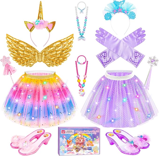 Jeowoqao Girls Dress Up with LED Light, Princess Dress Pretend Play Costumes, Toddler Girls Dress up Set Tutu Skirts, Wings, Princess Shoes Toys Gift for Girls 3 4 5 6 Years
