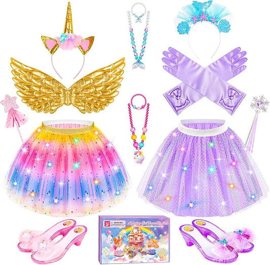 Jeowoqao Girls Dress Up with LED Light, Princess Dress Pretend Play Costumes, Toddler Girls Dress up Set Tutu Skirts, Wings, Princess Shoes Toys Gift for Girls 3 4 5 6 Years
