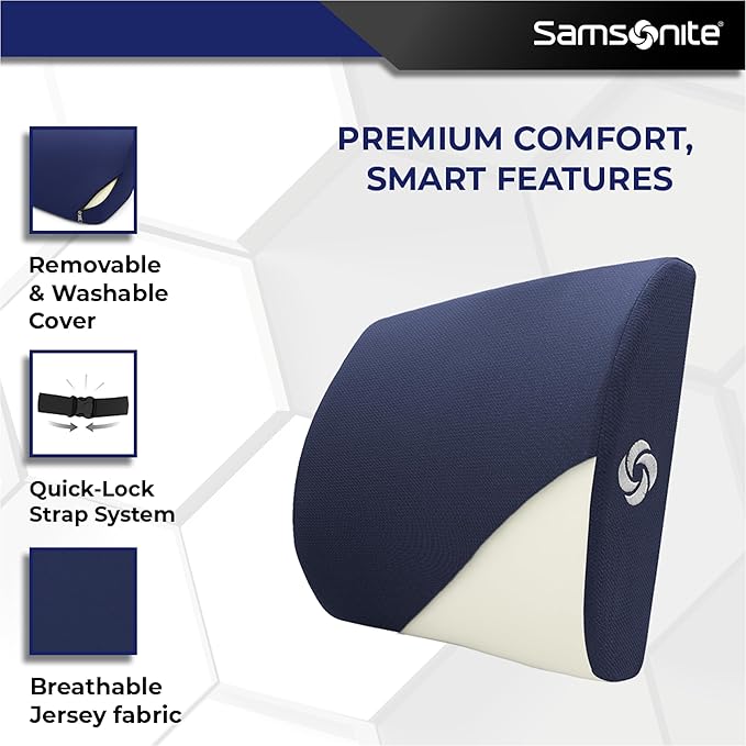 Samsonite Ergonomic Lumbar Support Pillow for Office Chair and Car Seat - Memory Foam Back Support Lumbar Pillow Premium Cushion Chair Support for Lower Back Pain Relief and Versatile Use (Dark Blue)