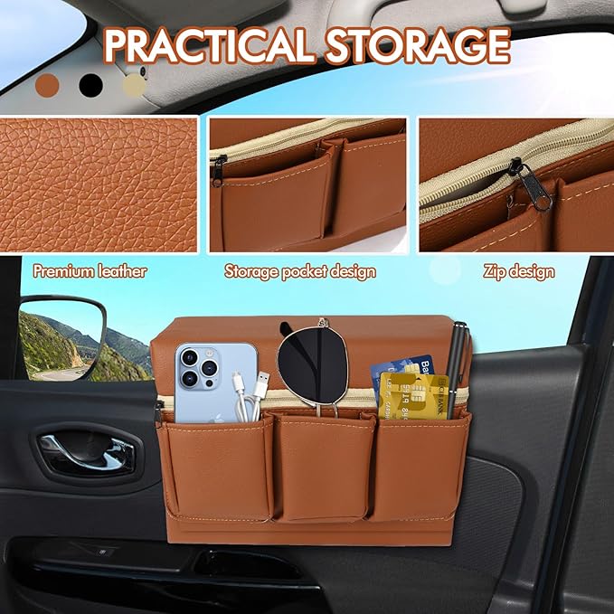 wuyaoyao Car Window Armrest Storage Box, Leather Automotive Door Side Storage Bag & Elbow Rest Pad, Multifunctional Vehicle Door Arm Rest Pad with Pockets, Universal Interior Car Accessories (Brown)