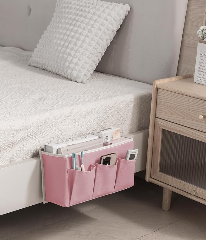 Bedside Caddy / Bedside Storage Organizer Hanging Bag with Three Options,Suitable for home beds, sofas, and dormitory beds—can hold magazines, books, phones, iPads, remote controls. (2-Pack Pink)