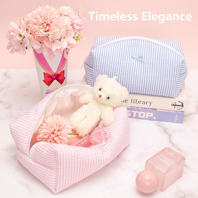 6PCS Cozy Makeup Bag SET Travel Cosmetic Bag for Women Soft Toiletry Bag Aesthetic Makeup Organizer Portable Large Zipper Pouch for Skincare Beauty Accessories Brushes Stripe Pink