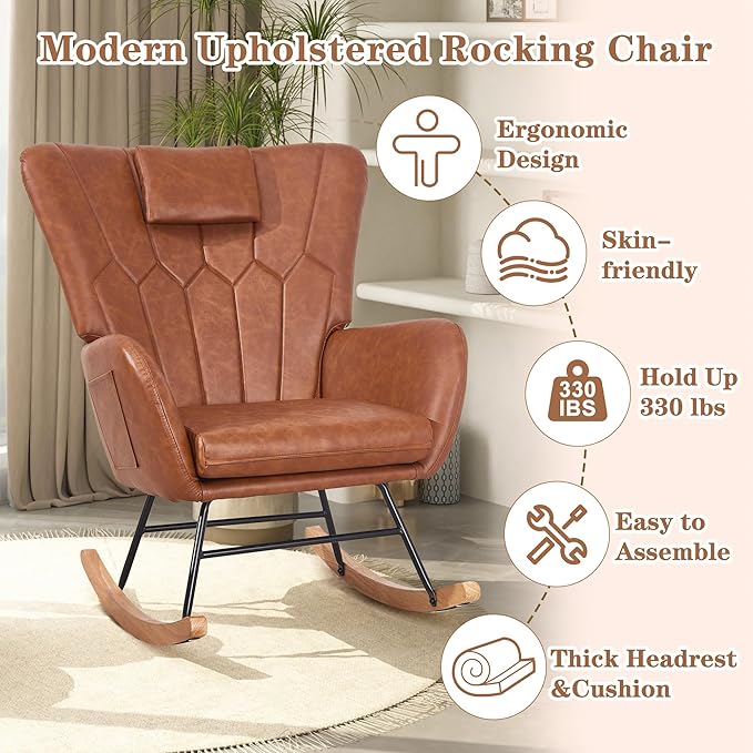 VECELO Rocking Chair Nursery with Thick Headrest, Modern PU Upholstered Reading Glider Rocker Accent Armchair with High Backrest, Padded Seat, Side Pocket, for LivingRoom, Bedroom, Baby Room, Brown