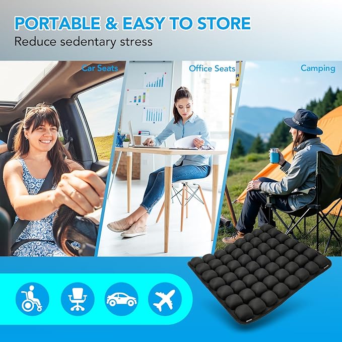 56 Air Cell Inflatable Travel Seat Cushion, 3D Air Bubble Design for Pressure Relief & Ergonomic Support, Self-Inflating with Press Button（No Pump Needed）,Portable for Office Chair,Car,Wheelchair,Home