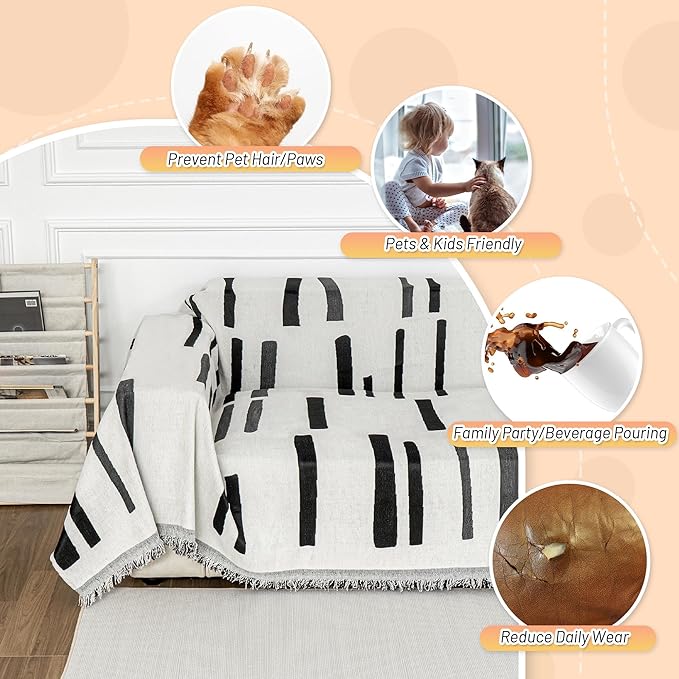 MYSKY HOME Sofa Covers for Sectional Sofa, Couch Cover for Dogs, Couch Covers with Tassel Loveseat Covers Futon Cover L Shaped Cover Washable Chenille Couch Protector, 71" x 134", Black Piano Key