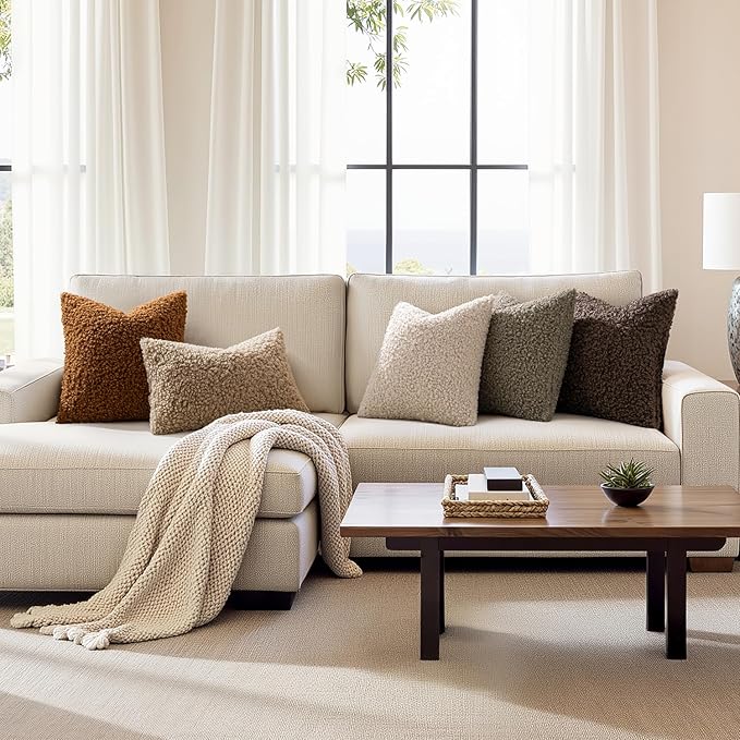 Woaboy Faux Fur Throw Pillow Covers 20x20 Inch Set of 2 Boucle Neutral Decorative Sherpa Fuzzy Accent Soft Sheepskin Fleece Cushions Modern Home Decor for Couch Sofa Bedroom Living Room,Chocolate