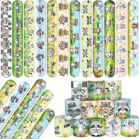 48 PCS Raccoon Slap Bracelets Party Favors, Raccoon Wristbands Bracelets Goodie Bag Fillers for Woodland Raccoon Birthday Party Decorations Supplies Gifts for Kids Boys Girls