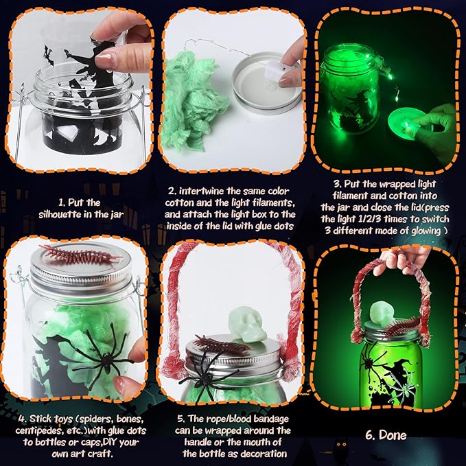 Halloween Crafts Activities For Kids Ages 4-12 ,3 pcs Glass Mason Jar for School Halloween Art Activities,Classroom Prizes,Halloween Craft Supplies,DIY Lantern Jar for Gifts Halloween Party Favors
