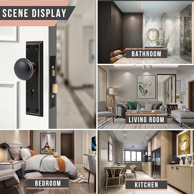 Vintage Door Knob with Lock for Interior Doors Oil Rubbed Bronze, Antique Brass 2 Pack Mortise Lock Set, Old Fashioned Bathroom & Bedroom with Skeleton Key for Old House Doors