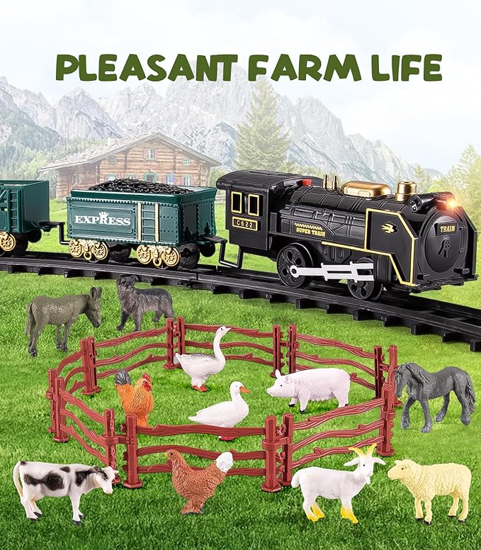Farm Toy Train Set, Electric Steam Train Engine with Light & Sound, Include 12 Animal Figures, Miniature Toys for Kids, Cake Topper Bulk Toddler Stocking Stuffers Gift for 3 Year Old & Up Boy Girl