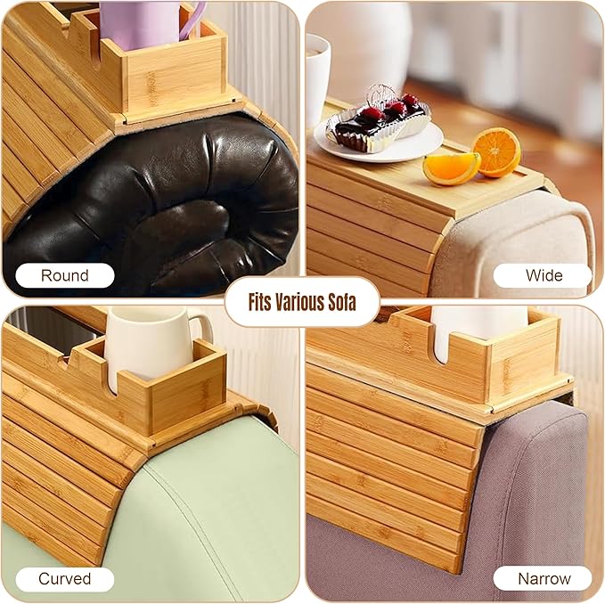 Adjustable Bamboo Couch Cup Holder (Fits 4.5” to 14” Arms) - Foldable Non-Slip Bamboo Sofa Armrest Tray - Detachable Sofa Arm Tray Couch Caddy with Cup Holder for Drinks, Phone, Remote, Snacks